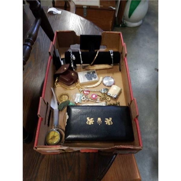 TRAY OF VINTAGE AND ANTIQUE COLLECTIBLES MEDALS, POCKET WATCHES AND MORE