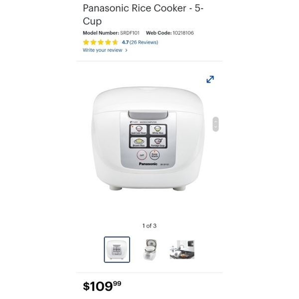 Panasonic Rice Cooker - 5-Cup - Working, Retail $109.99