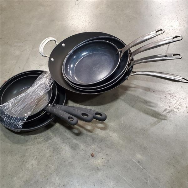 3 PC TFAL PANS, 3 PC BLUE DIAMOND PANS AND WOK