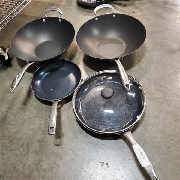 GREEN PAN, BLUE DIAMOND PAN AND 2 ASIAN WOKS