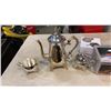 Image 4 : SILVER PLATE TEAPOT, CREAM AND SUGAR AND PORTMEIRION ESPRESSO CUP AND SAUCERS