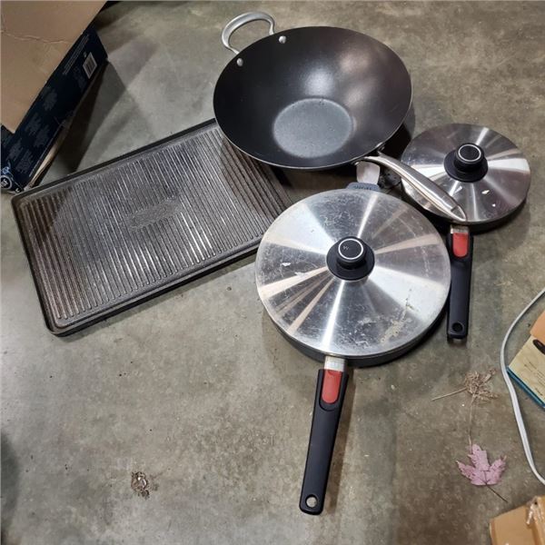 2 WOLL DETACHABLE HANDLE PANS, WITH WOK AND ROCK GRIDDLE