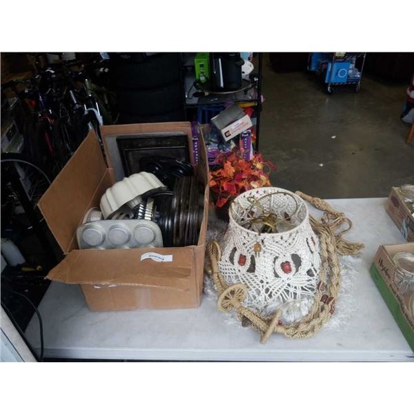 BOX OF BAKING PANS, MUFFIN TRAYS, SHADE AND ARTIFICIAL PLANT