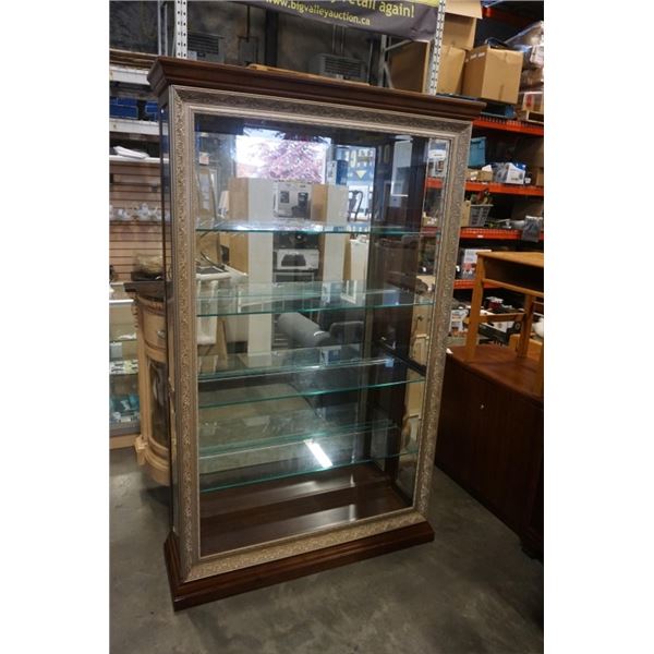 PULASKI FURNITURE CO GLASS ILUMINATED DISPLAY CABINET - 80 INCHES TALL, 46 INCH WIDE, 14 1/2 INCHES 