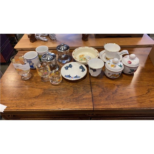 ELIZABETHAN AND KENT TEACUPS AND SAUCERS WITH BUNNYKINS BOWL SNOOPY GLASSES, SUGAR SET AND MUGS