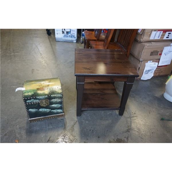 PINE ENDTABLE AND PAINTED TRUNK - SHIP  MOTIF