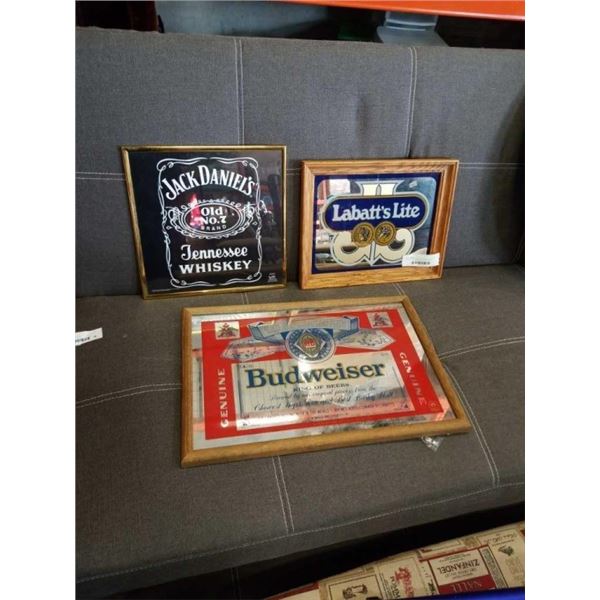 2 MIRRORED BEER SIGNS AND FRAMED JACK DANIELS