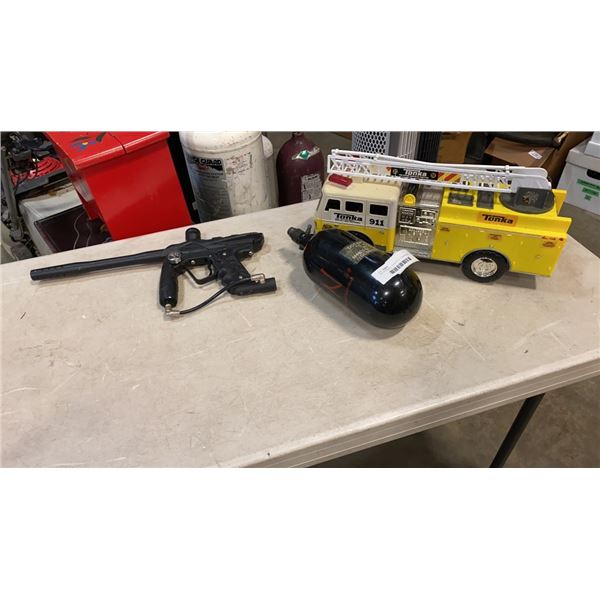 ION PAINTBALL GUN WITH COMPRESSED AIR BOTTLE AND TONKA TRUCK