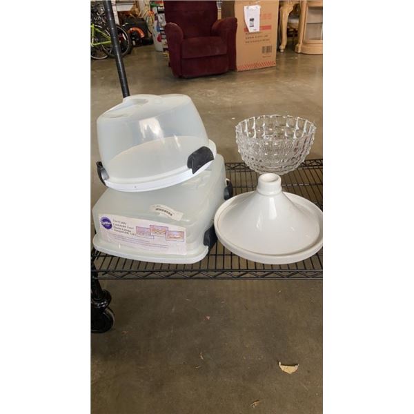 CAKE AND CUPCAKE TRANSPORTERS, GLASS PEDESTAL BOWL AND LIDDED SERVING DISH