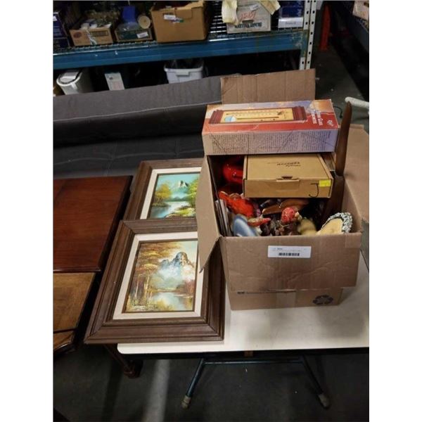 BOX OF ESTATE COLLECTIBLES AND 2 SIGNED OIL PAINTINGS