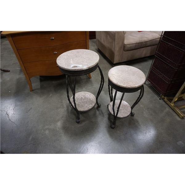 PAIR OF METAL BASE STONE TOP ENDTABLES