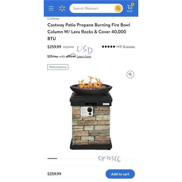 Costway Patio Propane Burning Fire Bowl Column W/ Lava Rocks & Cover 40,000 BTU Retail $570