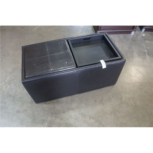 BLACK LEATHER LOOK STORAGE OTTOMAN WITH 2 REVERSIBLE LIDS