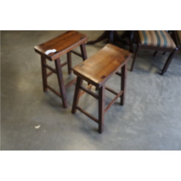 2 WOOD SADDLE STOOLS