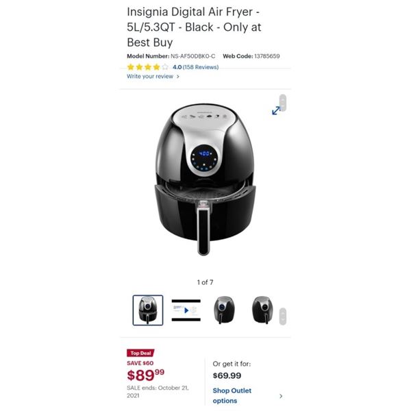 Insignia Digital Air Fryer - 5L/5.3QT - Black - Working, Retail $149.99