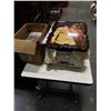 Image 1 : 2 BOXES OF ELVIS COLLECTABLES - TAPES, 8 TRACKS, MOVIES, VHS, 3 ELVIS PRINTS