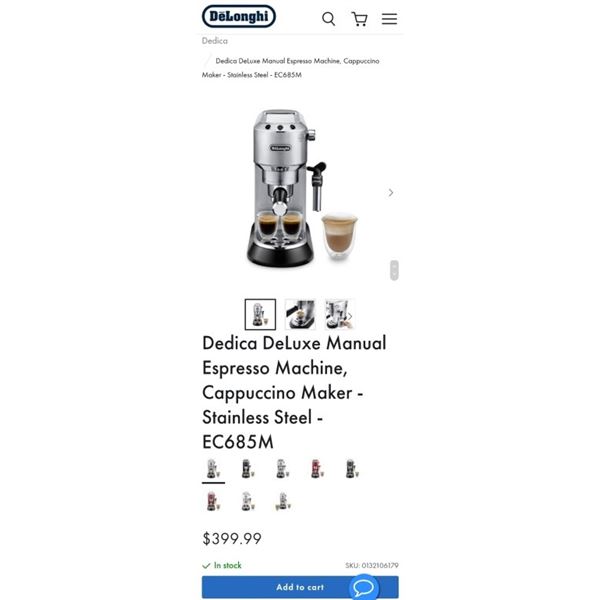 Delonghi Dedica DeLuxe Manual Espresso Machine, Cappuccino Maker - Stainless Steel - Retail $399.99