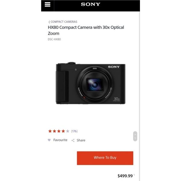 Sony HX80 Compact Camera with 30x Optical Zoom - Retail $499 With Aftermarket Charger And Batteries