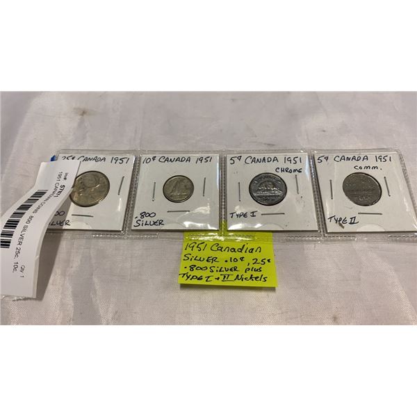 1951 CANADIAN COINS .800 SILVER 25c, 10c, PLUS BOTH TYPES OF 1951 NICKELS