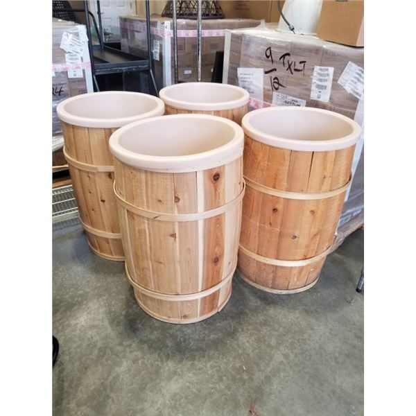 4 WOOD BARRELS WITH PLASTIC INSERTS FOR RETAIL DISPLAY