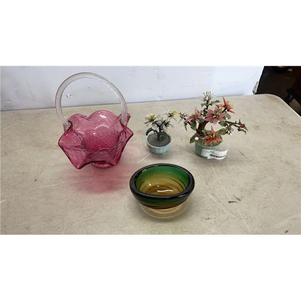 BLOWN GLASS BASKET WITH GLASS BOWL AND 2 POTTED FLOWER FIGURES