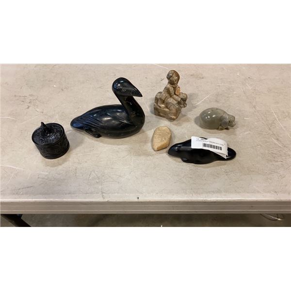 SIGNED SOAPSTONE BIRD WITH OTHER FIGURES