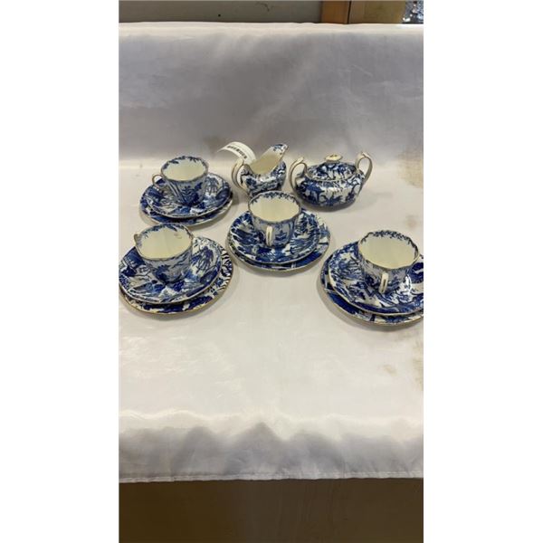 ROYAL CROWN DERBE - FOUR 3 PIECE CUP AND SAUCER SETS AND CREAM AND LIDDED SUGAR