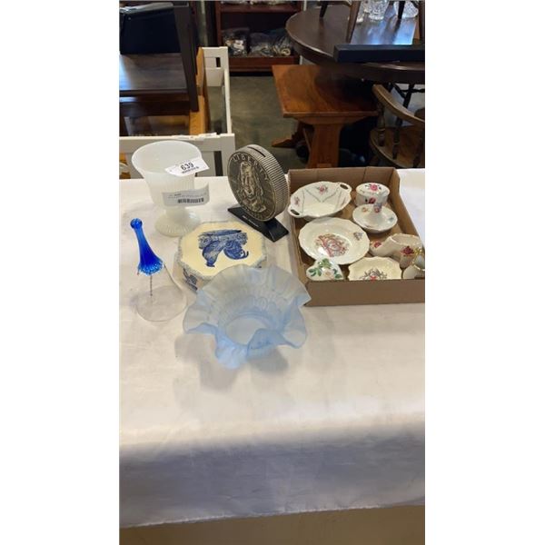 MILK GLASS JAR, CRYSTAL BELL BLOWN GLASS BOWL METAL COIN BANK AND TRAY OF PORCELAIN