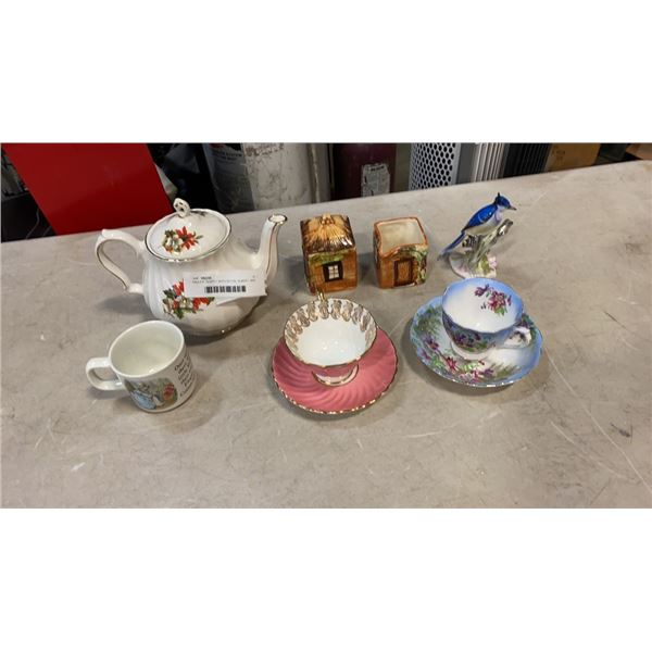 SADLER TEAPOT WITH ROYAL ALBERT AND ANSLEY TEACUPS, COTTAGE WARE AND BLUE JAY