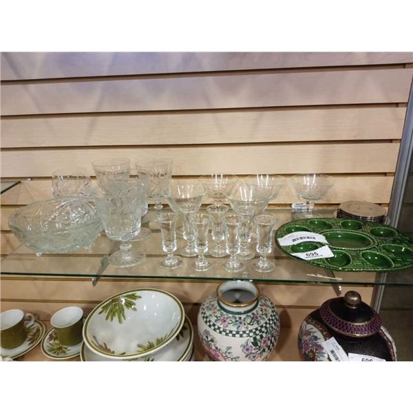 LOT OF PINWHEEL CRYSTAL, HEAVY CUT CRYSTAL BOWL, STAINLESS COASTERS, ETC