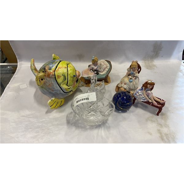 LIMITED EDITION FIGURES, ART GLASS PAPER WEIGHT, CRYSTAL FIGURES AND FISH PIGGYBANK FULL OF CHANGE