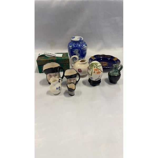 LOT OF COLLECTABLE MINIATURES, 3 MNIATURE TOBY MUGS, LOMOGES DISH