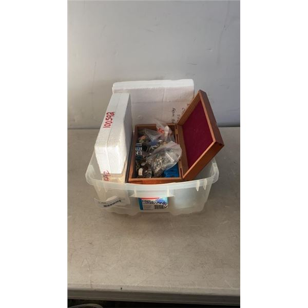 BIN OF JEWELRY AND COLLECTOR PLATES