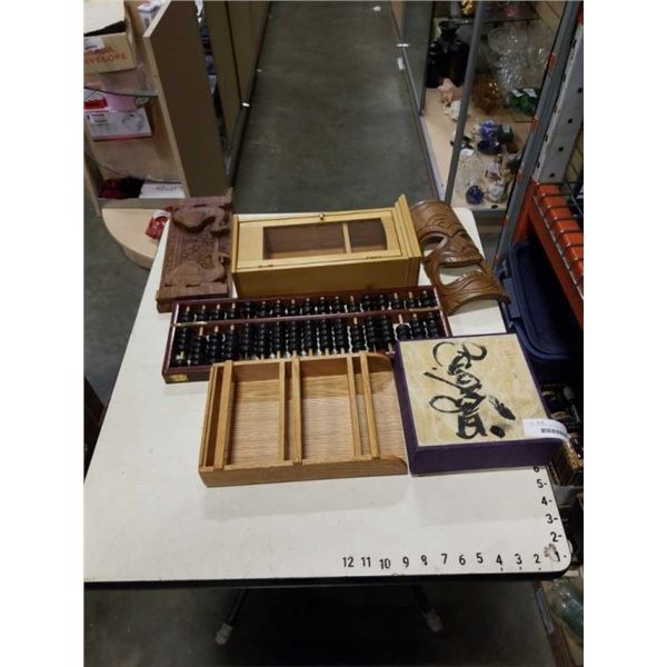 ABACUS, WOOD CARVINGS, WOOD CASE, SMALL SHELF AND MID CENTURY POTTERY CUPS