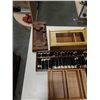 Image 2 : ABACUS, WOOD CARVINGS, WOOD CASE, SMALL SHELF AND MID CENTURY POTTERY CUPS