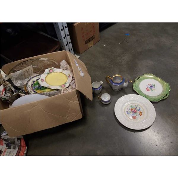 BOX OF CRYSTAL, BAVARIA TEAPOT, CREAM AND SUGAR AND CHINA PLATES