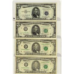 USA $5 notes.  Lot of 4 notes, all replacemen