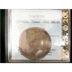 Br:645 token 1892 CCCS MS63. A well struck ex