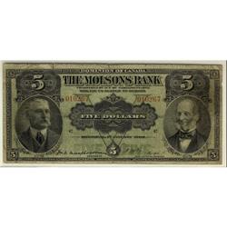 The Molsons Bank 1908 $5 #010267 CH-490-30-02