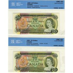 Bc-50a 1969 $20 Beattie-Rasminski both notes