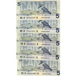 Lot of 5 1986 $5 notes.  Includes better pref