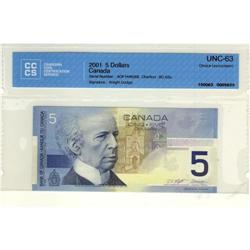 Bank of Canada, $5.00 note 2001, graded CCCS