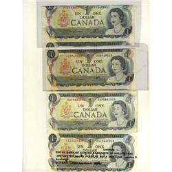 Error note, 1973 $1. Lot of 4 notes with diff