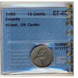 1968 nickel 10¢ Canada ERROR coin. CCCS EF-40