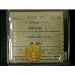 NFLD 1870 $2 Obv 2  ICCS AU55.  Strongly stru