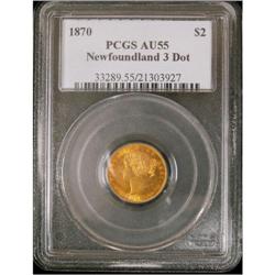 NFLD 1870 3 DOTS $2 PCGS AU-55, a really nice