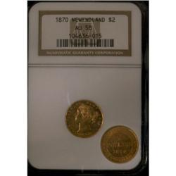 NFLD 1870 2 DOTS $2 NGC AU-58, a really nice