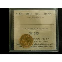 NFLD 1881 $2 gold ICCS AU-55, nicely lustrous