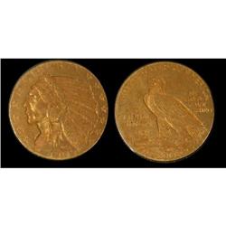 USA 1909-D $5 Gold Coin AU-55.  A well struck