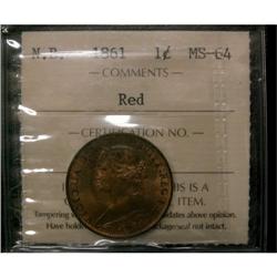 New Brunswick 1¢ 1861 ICCS MS-64 REDPQ+, 90%